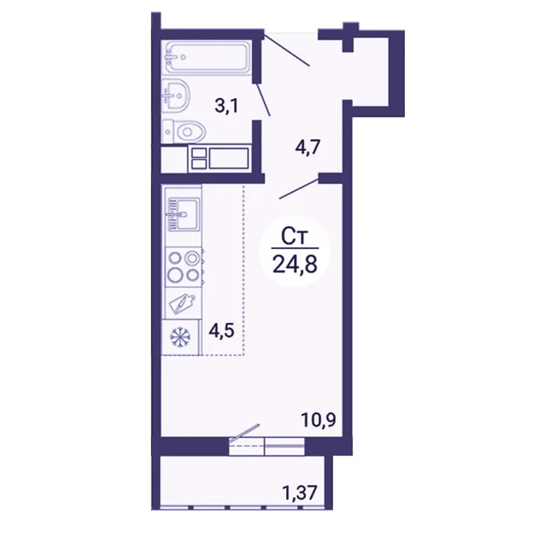 Планировка студии 24,8 м² в ЖК «Академ Риверсайд», дом 77.2