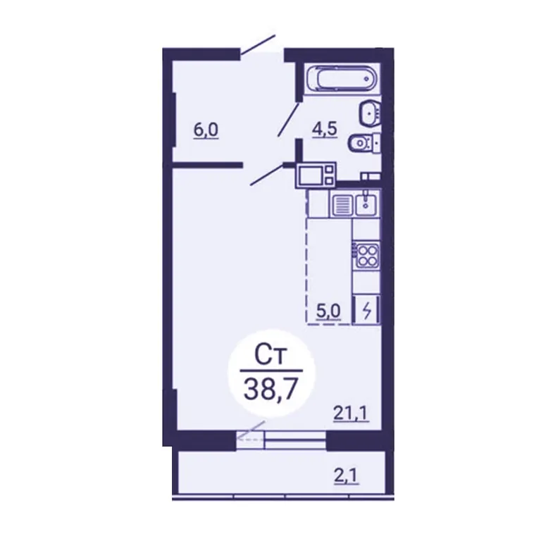 Планировка студии 38,7 м² в ЖК «Академ Риверсайд», дом 14