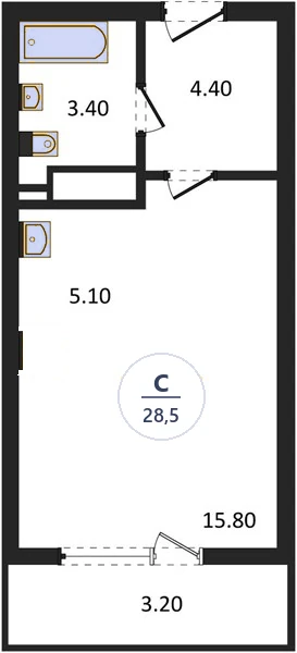 Планировка студия, 28,5 м², дом 18, ЖК Академ Риверсайд