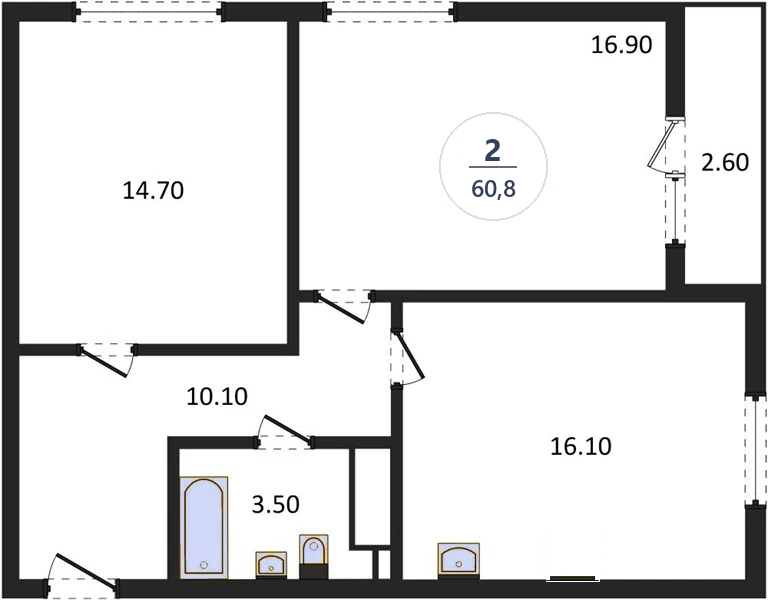 Планировка 2-комнатная, 60,8 м², дом 18, ЖК Академ Риверсайд