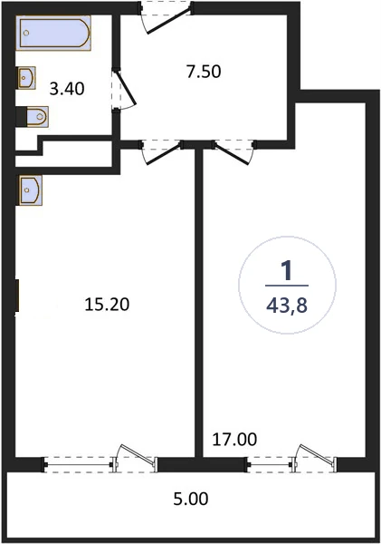 Планировка 1-комнатная, 43,8 м², дом 18, ЖК Академ Риверсайд