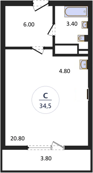 Планировка студия, 34,5 м², дом 18, ЖК Академ Риверсайд