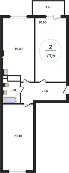 Планировка 2-комнатная, 71,6 м², дом 18, ЖК Академ Риверсайд