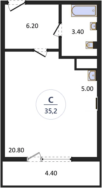 Планировка студия, 35,2 м², дом 18, ЖК Академ Риверсайд