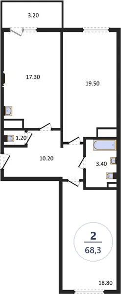 Планировка 2-комнатная, 68,3 м², дом 18, ЖК Академ Риверсайд