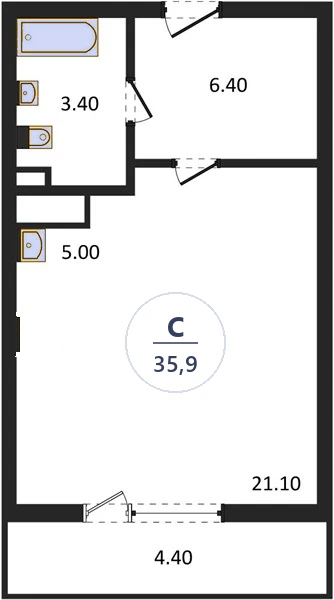 Планировка студия, 35,9 м², дом 18, ЖК Академ Риверсайд