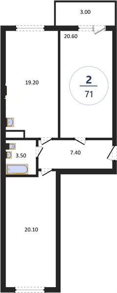 Планировка 2-комнатная, 71 м², дом 18, ЖК Академ Риверсайд