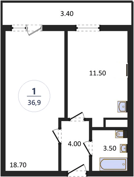 Планировка 1-комнатная, 36,9 м², дом 18, ЖК Академ Риверсайд