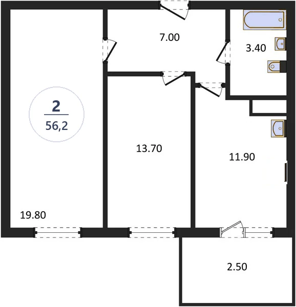 Планировка 2-комнатная, 56,2 м², дом 18, ЖК Академ Риверсайд