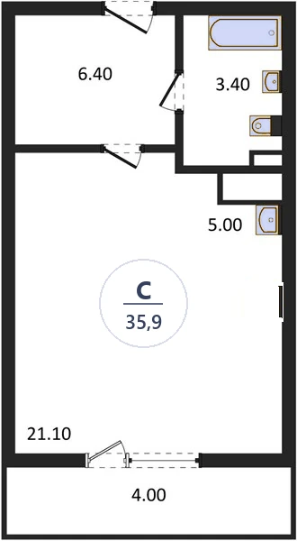 Планировка студия, 35,9 м², дом 18, ЖК Академ Риверсайд