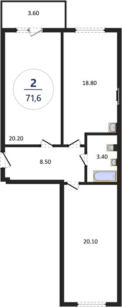 Планировка 2-комнатная, 71,6 м², дом 18, ЖК Академ Риверсайд