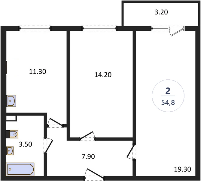 Планировка 2-комнатная, 54,8 м², дом 18, ЖК Академ Риверсайд