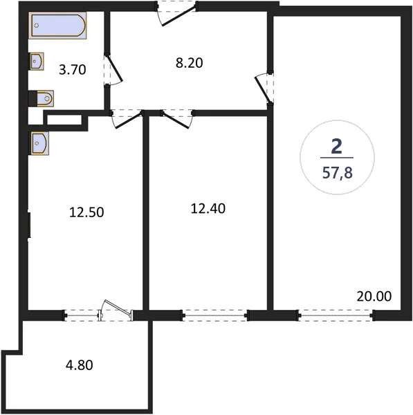 Планировка 2-комнатная, 57,8 м², дом 18, ЖК Академ Риверсайд