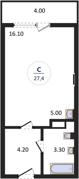 Планировка студия, 27,4 м², дом 18, ЖК Академ Риверсайд