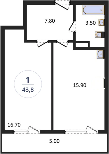 Планировка 1-комнатная, 43,8 м², дом 18, ЖК Академ Риверсайд