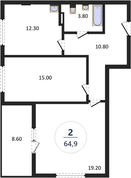 Планировка 2-комнатная, 64,9 м², дом 18, ЖК Академ Риверсайд