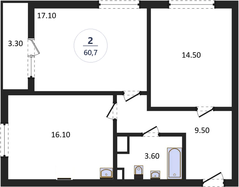 Планировка 2-комнатная, 60,7 м², дом 18, ЖК Академ Риверсайд