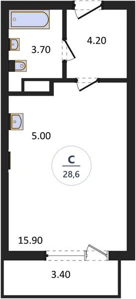 Планировка студия, 28,6 м², дом 18, ЖК Академ Риверсайд
