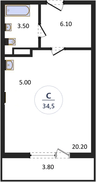 Планировка студия, 34,5 м², дом 18, ЖК Академ Риверсайд
