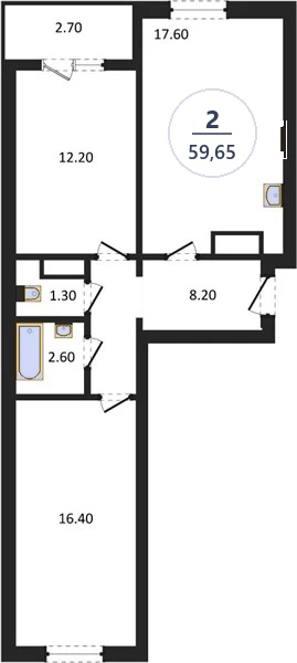 Планировка 2-комнатная, 59,65 м², дом 81.2, ЖК Академ Риверсайд