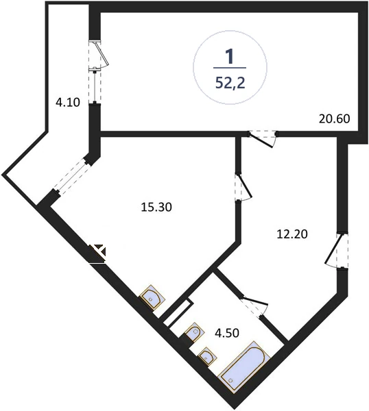 Планировка 1-комнатная, 52,2 м², дом 18, ЖК Академ Риверсайд