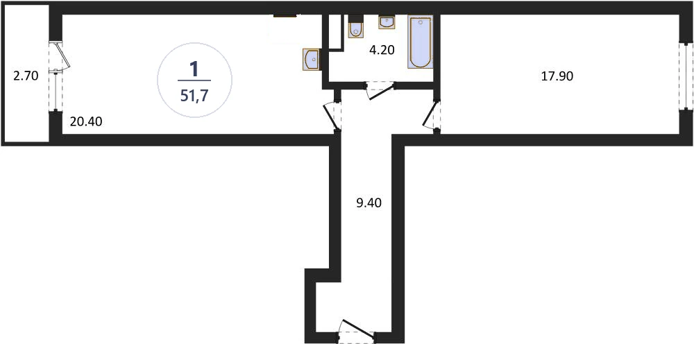 Планировка 1-комнатная, 51,7 м², дом 18, ЖК Академ Риверсайд