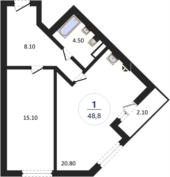 Планировка 1-комнатная, 48,8 м², дом 18, ЖК Академ Риверсайд