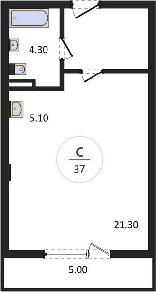 Планировка студия, 37 м², дом 18, ЖК Академ Риверсайд