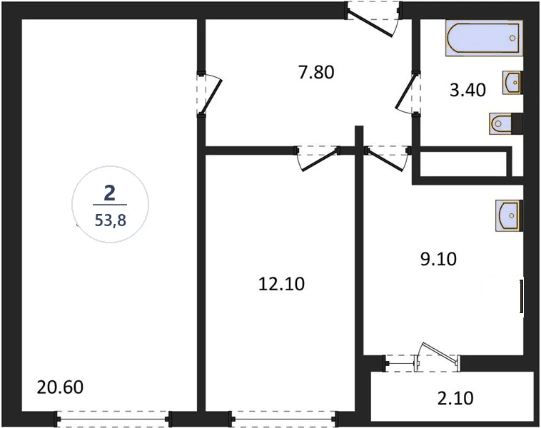 Планировка 2-комнатная, 53,8 м², дом 18, ЖК Академ Риверсайд