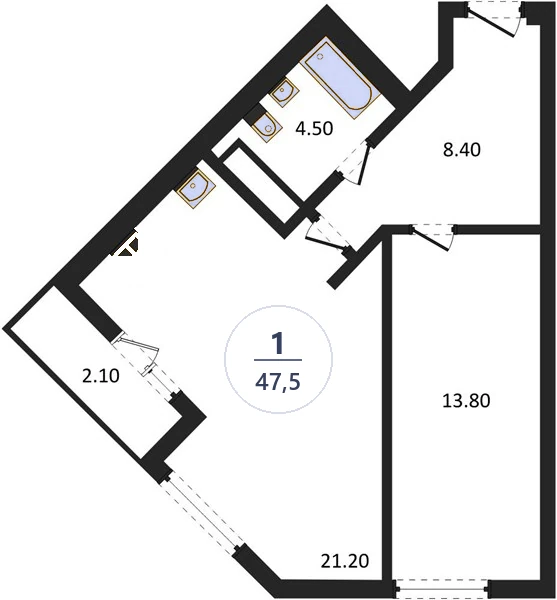 Планировка 1-комнатная, 47,5 м², дом 18, ЖК Академ Риверсайд