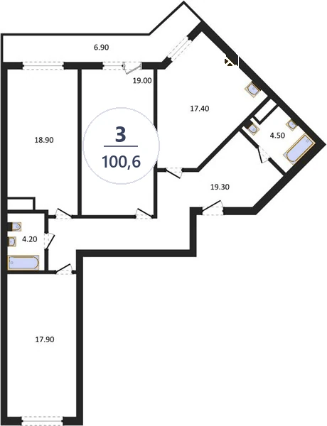 Планировка 3-комнатная, 100,6 м², дом 18, ЖК Академ Риверсайд