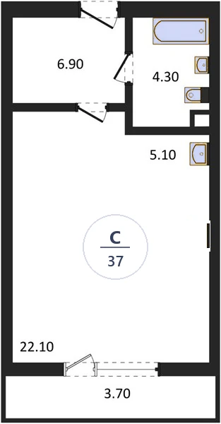 Планировка студия, 37 м², дом 18, ЖК Академ Риверсайд