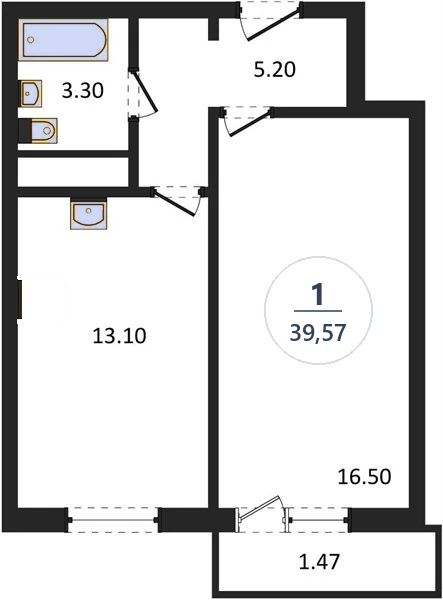 Планировка 1-комнатная, 39,57 м², дом 82.1, ЖК Академ Риверсайд