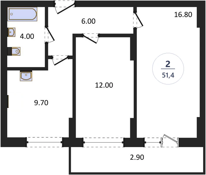 Планировка 2-комнатная, 51,4 м², дом 77.1, ЖК Академ Риверсайд