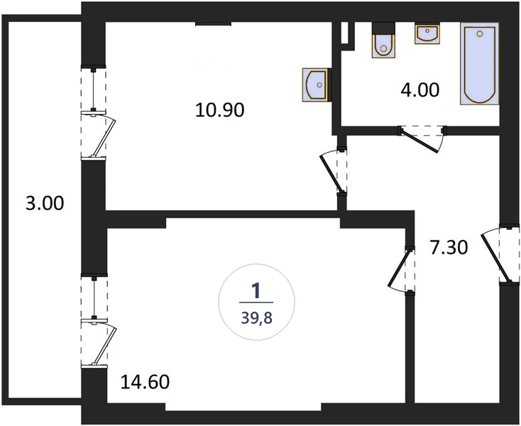 Планировка 1-комнатная, 39,8 м², дом 77.1, ЖК Академ Риверсайд