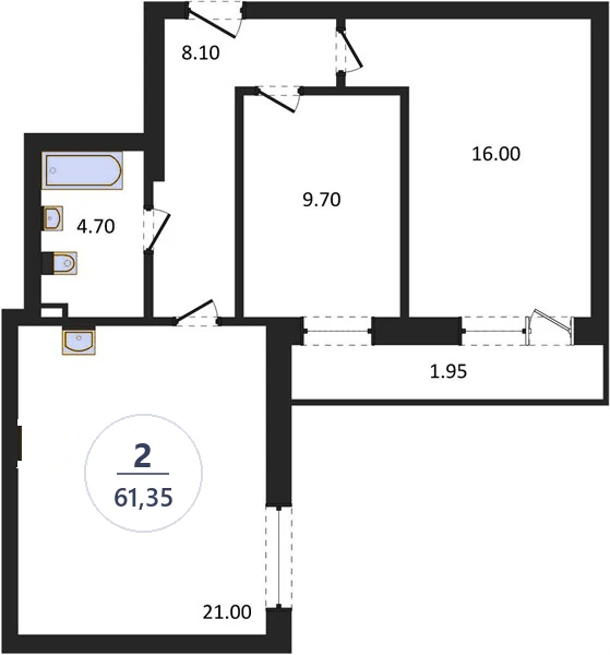 Планировка 2-комнатная, 61,35 м², дом 77.1, ЖК Академ Риверсайд