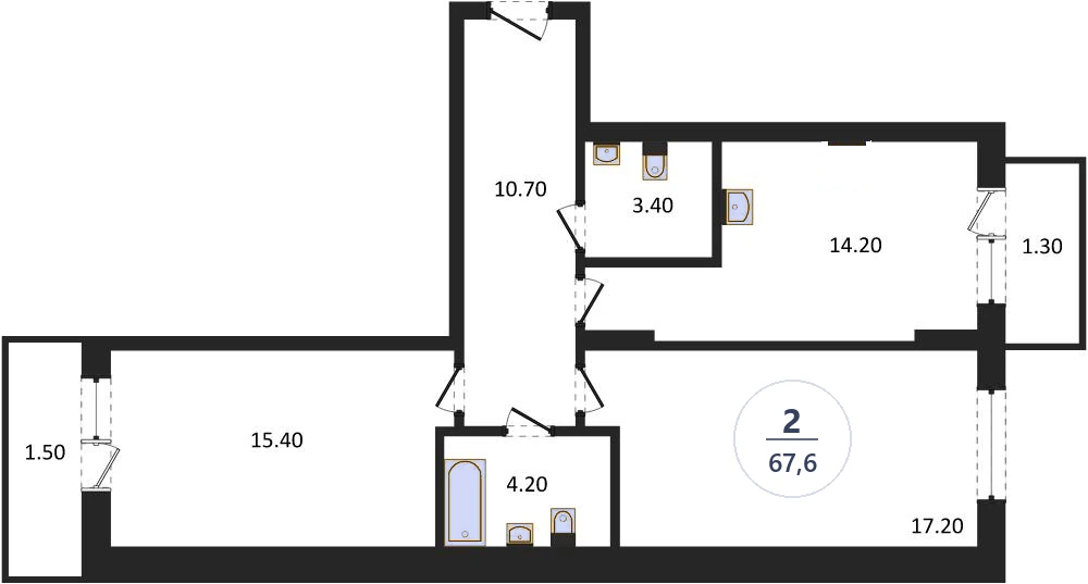 Планировка 2-комнатная, 67,6 м², дом 77.1, ЖК Академ Риверсайд
