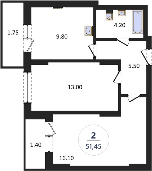 Планировка 2-комнатная, 51,45 м², дом 77.1, ЖК Академ Риверсайд