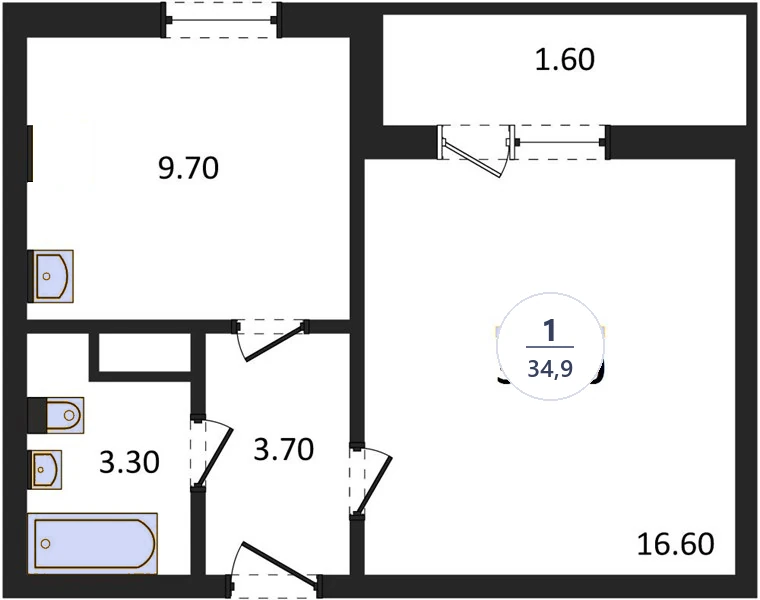 Планировка 1-комнатная, 34,9 м², дом 77.2, ЖК Академ Риверсайд