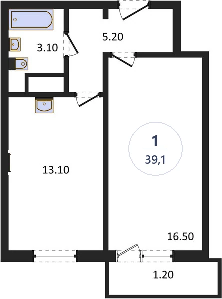 Планировка 1-комнатная, 39,1 м², дом 77.2, ЖК Академ Риверсайд