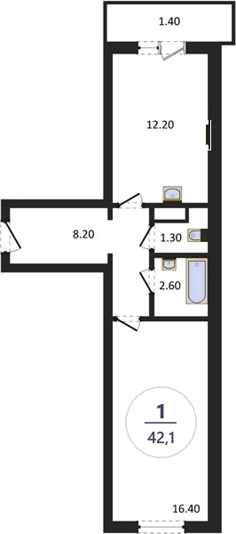 Планировка 1-комнатная, 42,1 м², дом 77.2, ЖК Академ Риверсайд