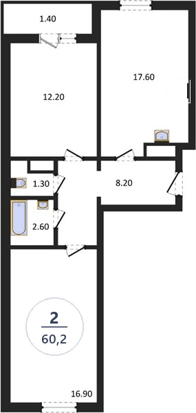 Планировка 2-комнатная, 60,2 м², дом 77.2, ЖК Академ Риверсайд
