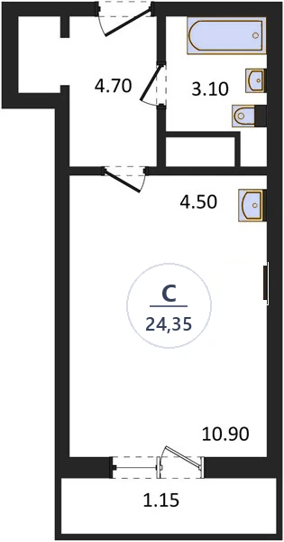 Планировка студия, 24,35 м², дом 77.2, ЖК Академ Риверсайд