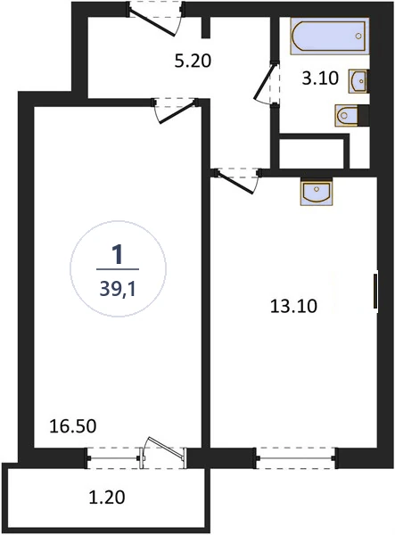 Планировка 1-комнатная, 39,1 м², дом 77.2, ЖК Академ Риверсайд