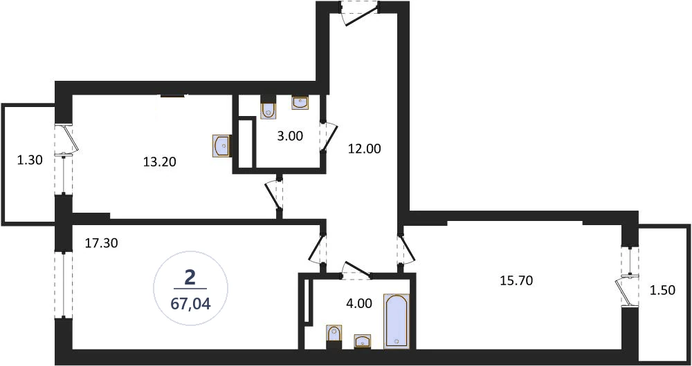 Планировка 2-комнатная, 67,04 м², дом 81.1, ЖК Академ Риверсайд