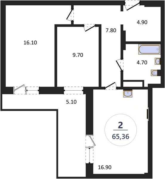 Планировка 2-комнатная, 65,36 м², дом 81.1, ЖК Академ Риверсайд