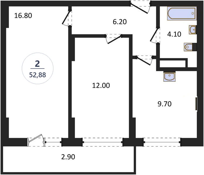 Планировка 2-комнатная, 52,88 м², дом 81.1, ЖК Академ Риверсайд