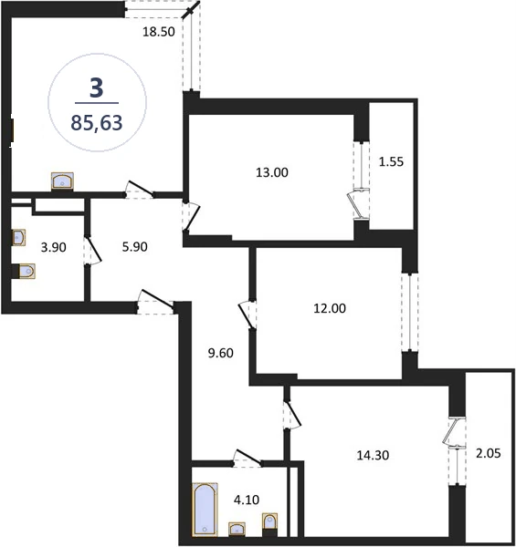 Планировка 3-комнатная, 85,63 м², дом 81.1, ЖК Академ Риверсайд