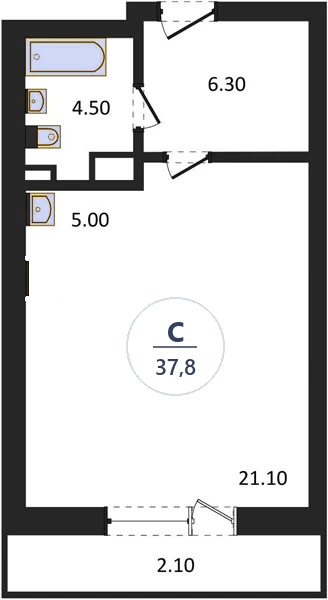 Планировка студия, 37,8 м², дом 14, ЖК Академ Риверсайд