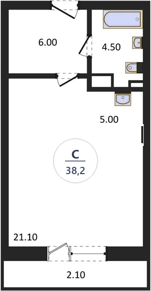 Планировка студия, 38,2 м², дом 14, ЖК Академ Риверсайд